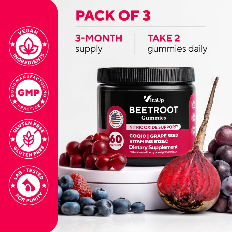 Beet Root Gummies – Beetroot Gummies with CoQ10, Grape Seed, Vitamin C, B12 & B3 – Beets Gummies for Circulation, Energy & Immune Support – 60 Beets Chews – Pack of 3 180 Count (Pack of 1)