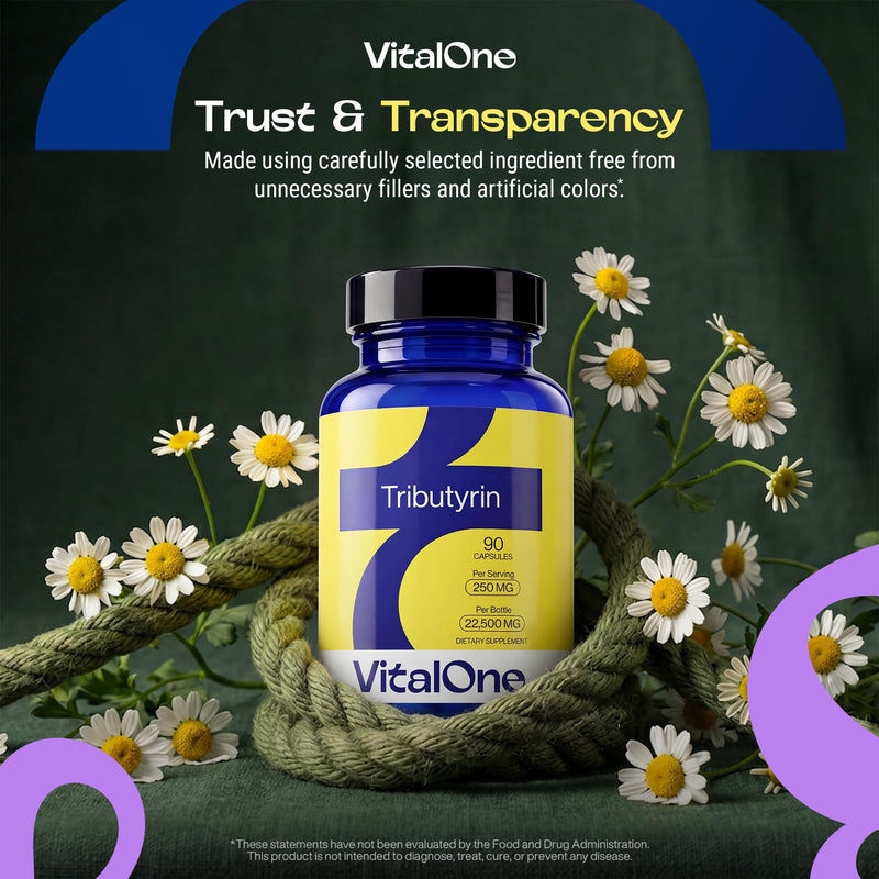 VitalOne Tributyrin 250 mg Supplement | Single Ingredient Butyrate Prodrug | Gut & Digestive Support | Clean Label | 1 Capsule Daily | 90 Capsules