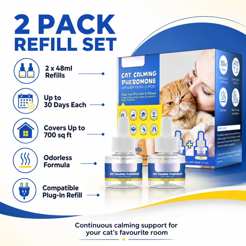 Cat Calming Pheromone Diffuser Refill 48ml (2 Pack) – 30 Day Drug Free Stress Relief for Cats, Multi Cat Homes, Scratching & Spraying Support
