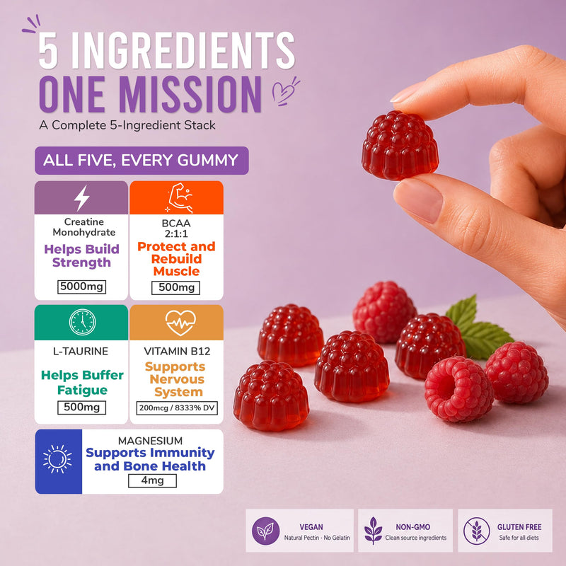 Creatine Gummies for Easy Daily Supplementation, Creatine Monohydrate Gummies with BCAA, Vitamin B12 & L-Taurine, 5000mg Per Serving, Vegan, Gluten Free, Non-GMO, Raspberry Flavour, 120 Gummies