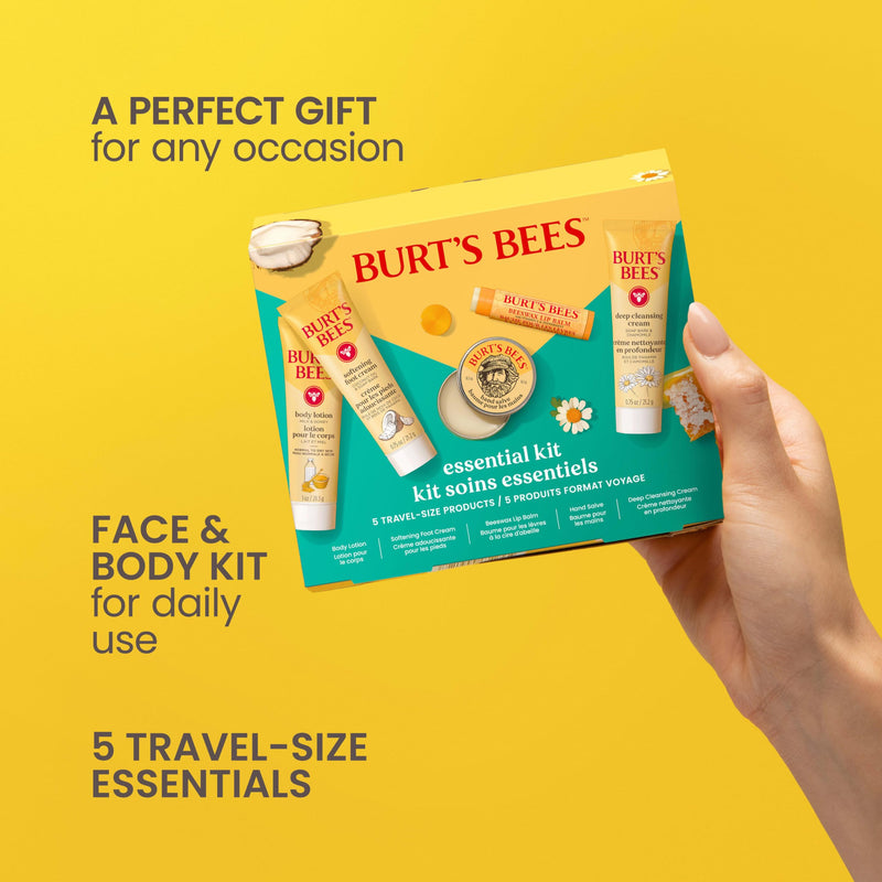 Burt's Bees Gift Ideas - Essentials Everyday Set, 5 Travel Size Products - Deep Cleansing Cream, Hand Salve, Body Lotion, Foot Cream and Original Lip Balm Everyday Essentials Set- New