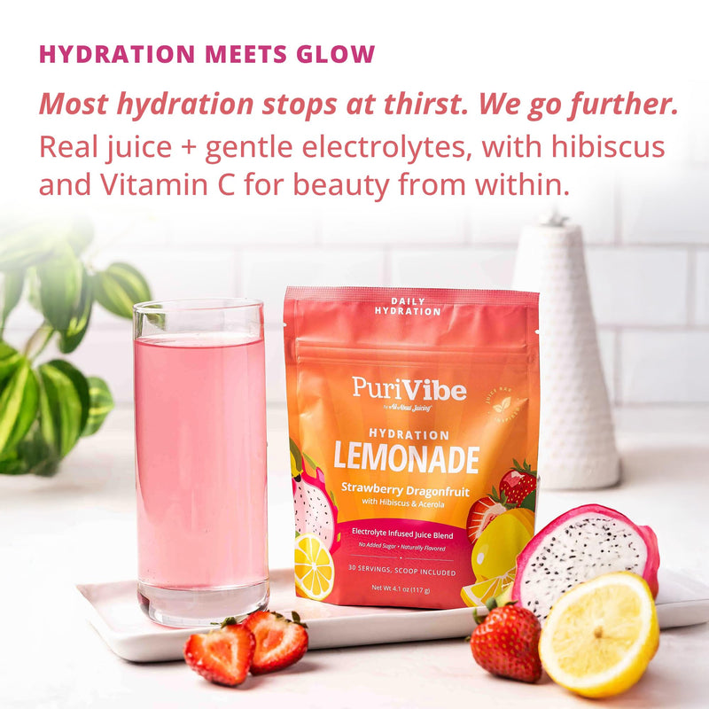 PuriVibe Hydration Lemonade Electrolyte Powder, Strawberry Dragonfruit | Juice Bar-Inspired Hydration Lemonade with Gentle Electrolytes, Real Fruit Powders, Hibiscus, Acerola, and Vitamin C