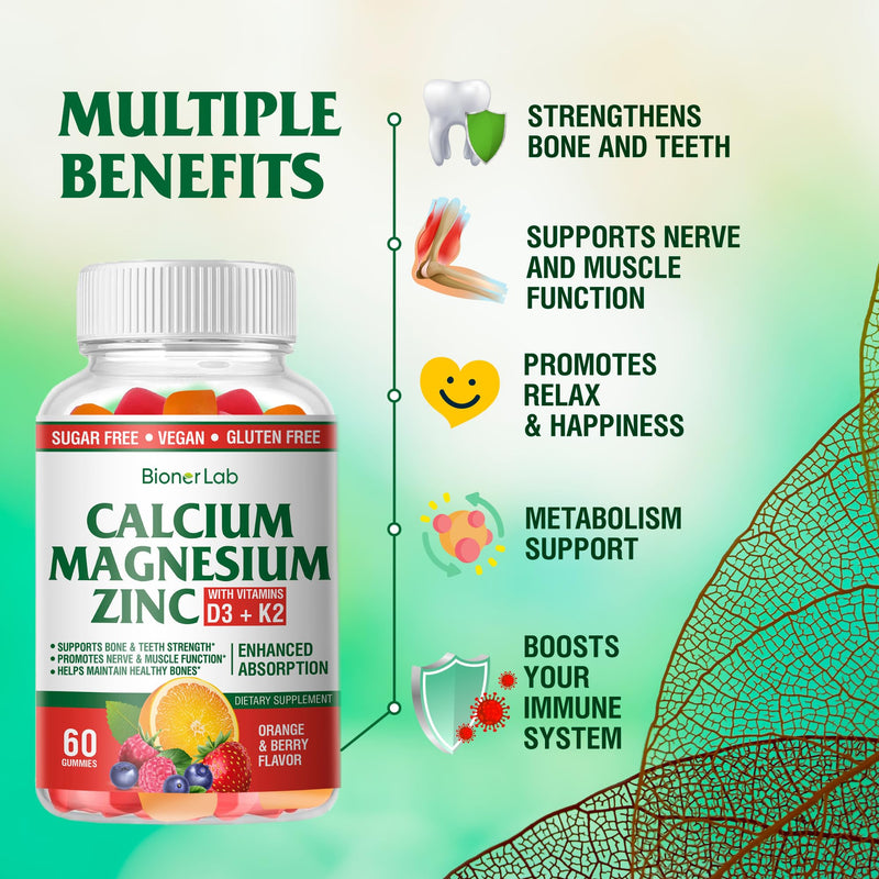 BionerLab Calcium Magnesium Zinc Gummies with Vitamin D3 & K2 - High Absorption Complex with Magnesium Glycinate Calcium Zinc Citrate for Bone Muscle & Immune Health - Sugar-Free Orange Berry Flavored 60 Count (Pack of 1)