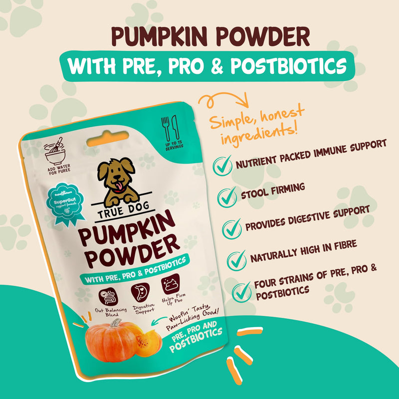 True Dog Pumpkin Powder with Pre, Pro & Postbiotics 100g | Natural Pumpkin Puree Powder for Dogs, Digestive Supplement, Stool Firming, High Fibre Dog Food Topper, Manufactured in the UK