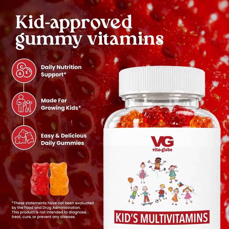VITA GLOBE Kids Multivitamin Gummies with Vitamins A C D E B6 B12 | Kids Chewable Vitamins, Non-GMO, Vegan, Immune & Growth Support, 60 Gummies 60 Count (Pack of 1)