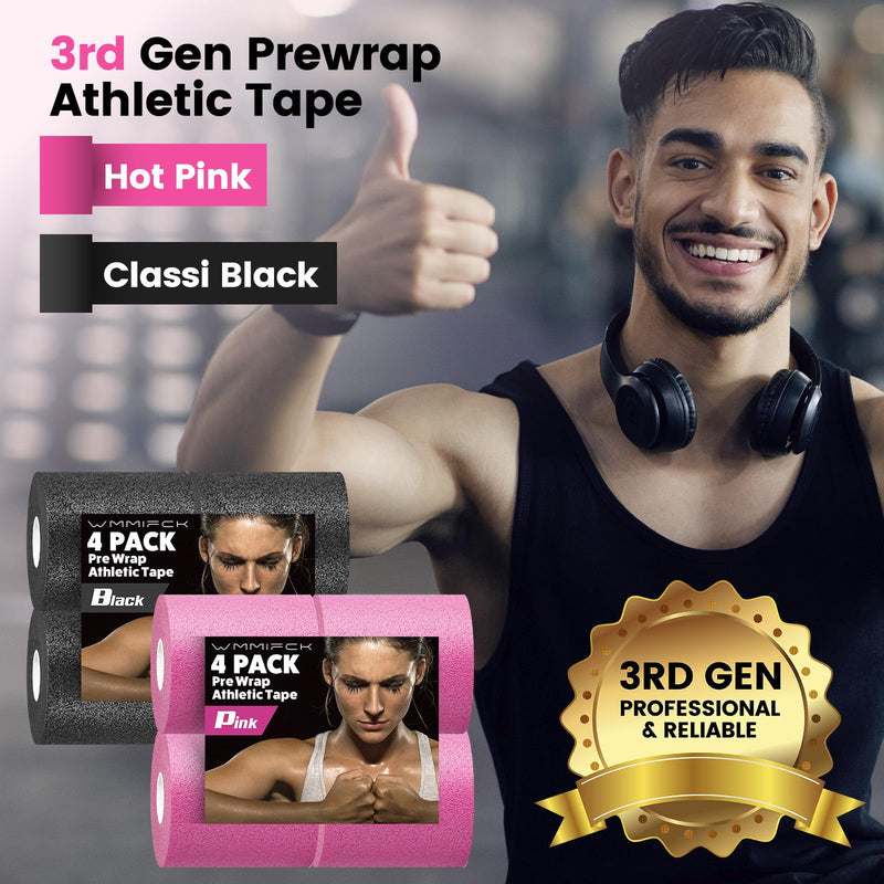 3rd Gen Hot Pink Pre Wrap Athletic, 4 Pack Prewrap Athletic Tape for Hair Soccer, Sports Pre-Wrap Headbands Foam Underwrap Bandage