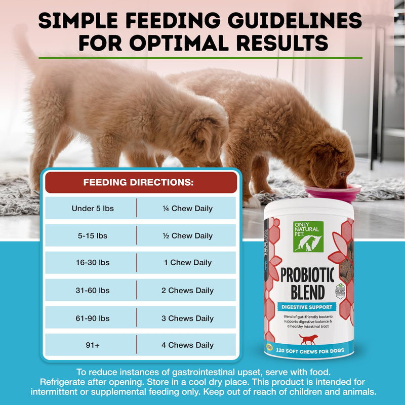 Only Natural Pet Probiotic Dog and Cat Supplement - Digestive & Gut Health Enzyme Formula, Puppy & Canine Digestive Chews, Best for Stomach Relief & Gas Aid - Soft Chews, 120 Count. - BeesActive Australia