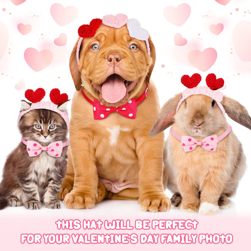 2Pcs Valentines Day Heart Headband for Cat and 2Pcs Pet Neck Bow Cat Valentines Day Headband with Ear Holes and Chin Straps Adjustable Dog Bow Tie Valentines Pink Red Heart Headband for Dogs Cats Pets - BeesActive Australia