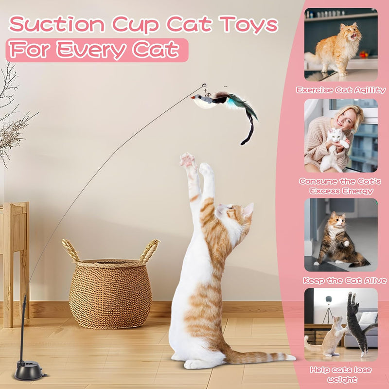 Interactive Bird Simulation Cat Toy Set,Cat Wand Toys,Wand Self-Holding Suction Cups Base,Include Detachable 6 Pcs Replacements Feathers Toys 6PC Set Small - BeesActive Australia