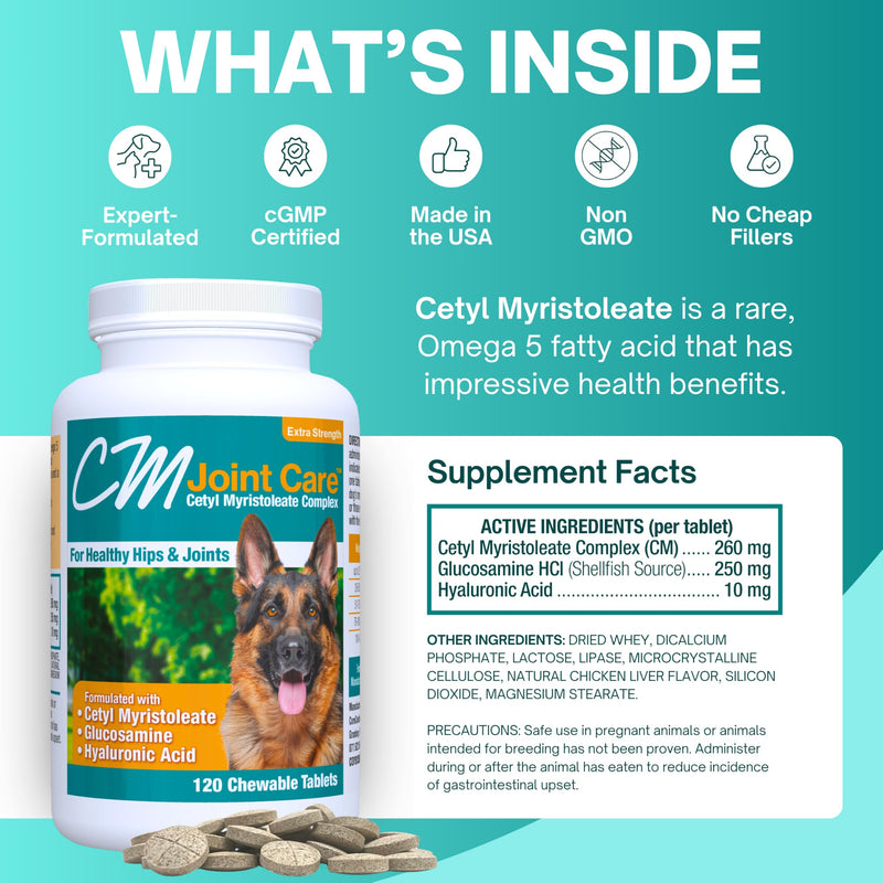 CM Joint Care for Dogs | Advanced Hip & Joint Support Supplement with Cetyl Myristoleate (Omega 5), Glucosamine & Hyaluronic Acid | Mobility & Comfort Support | 120 Tasty Chewable Tablets