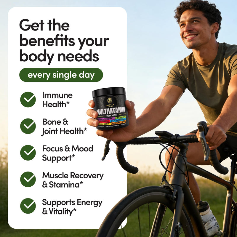Alpha Tribe Multivitamin for Men with Seamoss Black Seed Oil Ashwagandha Burdock Root, Turmeric Bladderwrack, Vitamin C, Elderberry, Manuka, Yellow Dock | Daily Men's Vitamins and Minerals Supplement 60 Count (Pack of 1)