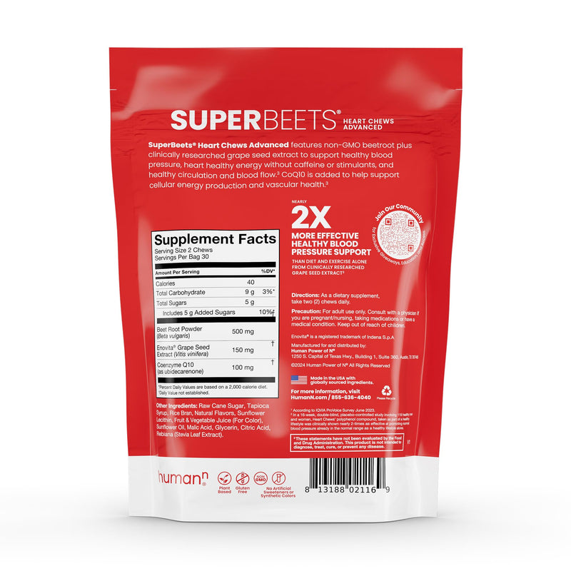 humanN SuperBeets Heart Chews Advanced - 100mg of CoQ10 Plus Beetroot & Grape Seed Extract, 60 Count 60 Count (Pack of 1)