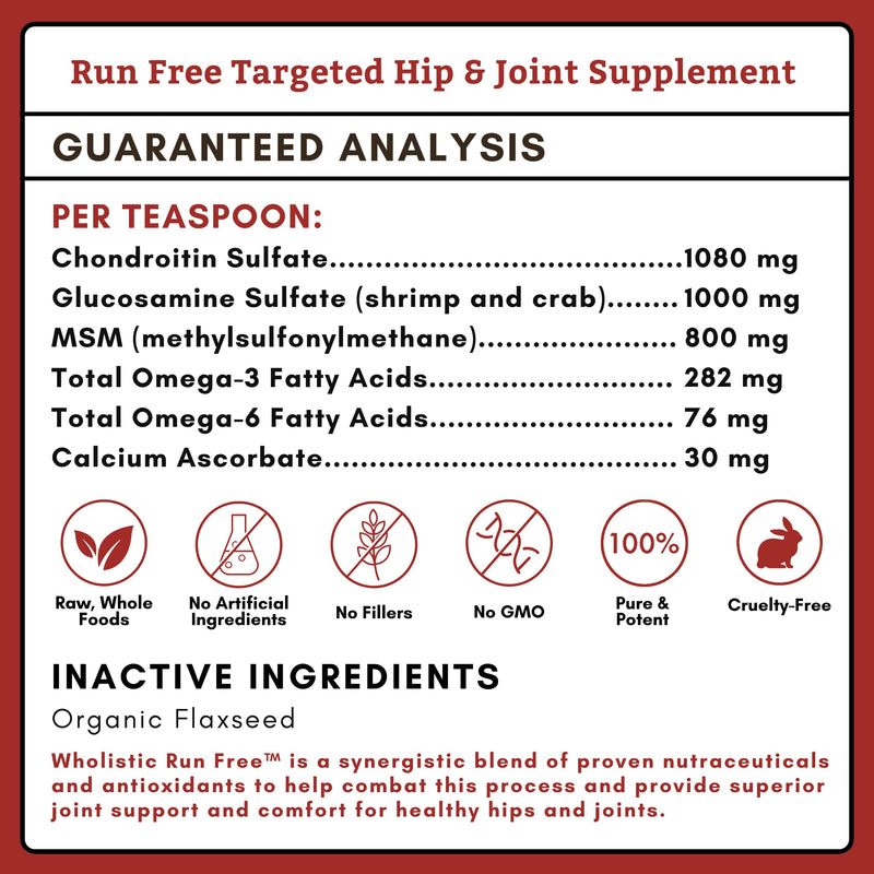 Wholistic Pet Organics Run Free - 4 Oz - Dog Joint Supplement for Senior Dogs, Glucosamine Chondroitin MSM, Dog Vitamins, Cat Joint Pain Relief - PawsPlanet Australia