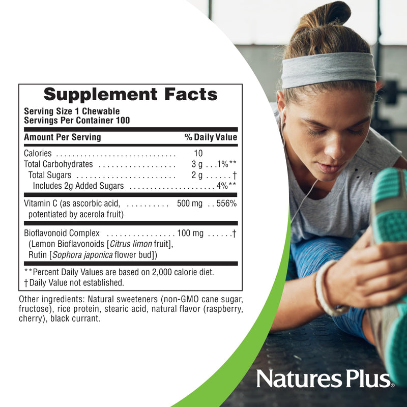 NaturesPlus Immune Vitamin C, Citrus - 100 Chewables - All-Natural Immune System Support - High-Potency Formula with Bioflavonoids & Superfoods - Non-Acidic & Gentle on the Stomach - 100 Servings