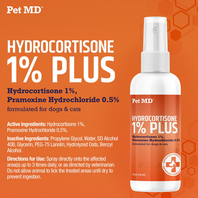 Pet MD Hydrocortisone Spray for Dogs & Cats - Itchy Skin Relief from Hot Spots, Bites, Scrapes, Irritated Skin, & Dermatitis - 4 oz Anti Itch Spray with Pramoxine - PawsPlanet Australia