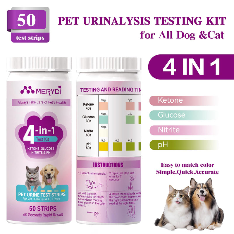 Dog & Cat Urine Test Strips, 4-in-1 Pet Urinalysis Testing Kit for Ketone, Glucose, pH and Nitrite, Reagent Strips for Vet Diabetes,UTI Monitor, 50ct Urine Test Kit Easy to Use at Home 4in1