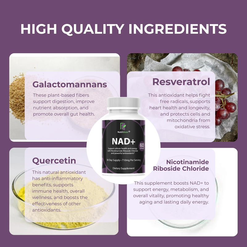 NAD+ Booster Supplement 710mg - Nicotinamide Riboside with Resveratrol & Quercetin - Anti-Aging & Energy Support - 60 Vegetarian Capsules