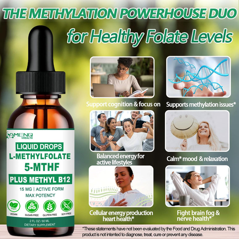 Methylfolate Supplement for Adult Kids, L-MethyFolate 5mthf Plus Methy B12 | Activated Methyl folate Drops w. B6, B2 Multivitamin for Mood Homocysteine Methylation Cognition Energy Nerve Health, Non-GMO
