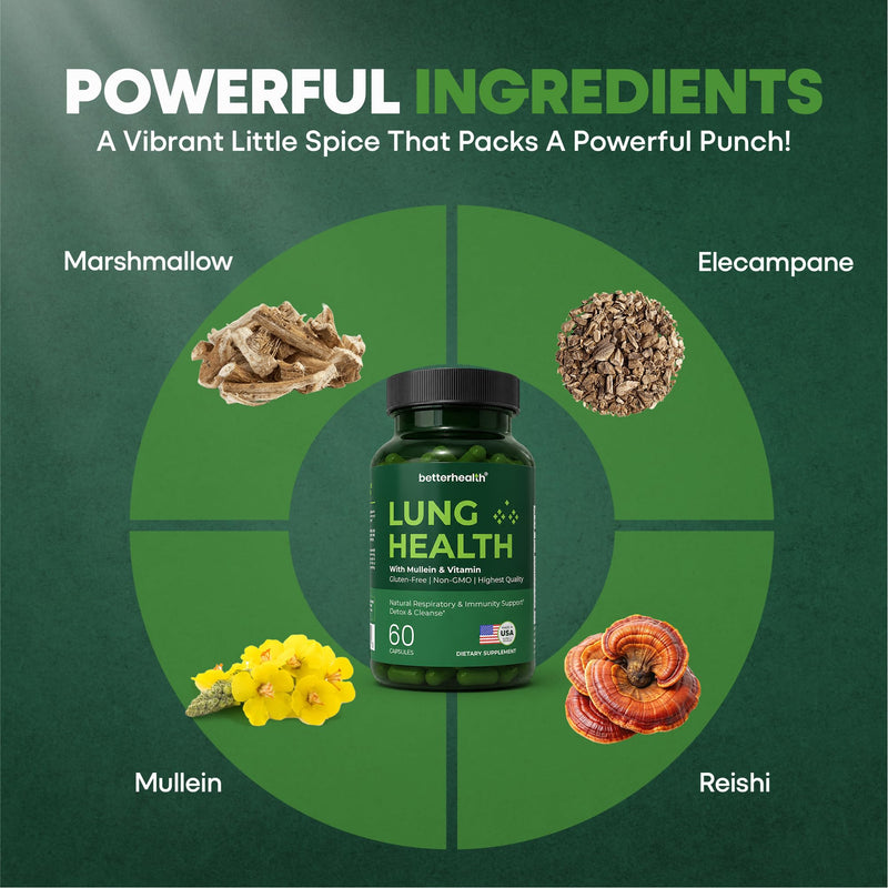 Lung Health Daily Respiratory Health Supplement with Mullein Leaf, Vitamin D, Vitamin C, Quercetin, | Allergy, Sinus, and Mucus Relief, Lung Cleanse Detox Formula (60 Capsules)