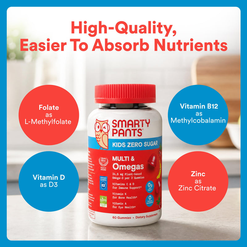 SmartyPants Kids Zero Sugar Multi & Omegas Multivitamin Gummies with Omega 3 ALA, Vitamins D, C, A, Plant-Based, Clean Label, No Sugar Alcohols, Strawberry Banana Flavor, 60 Gummies (30 Day Supply) 60 Count (Pack of 1)