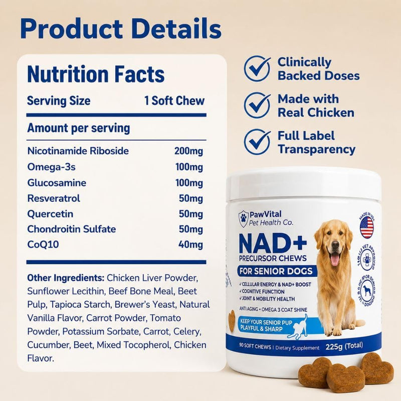 NAD+ Precursor Chews for Senior Dogs – Cellular Energy, Longevity & Cognitive Support – Nicotinamide Riboside, Resveratrol, Quercetin, Glucosamine, Omega-3 – Made with Real Chicken – 90 Count
