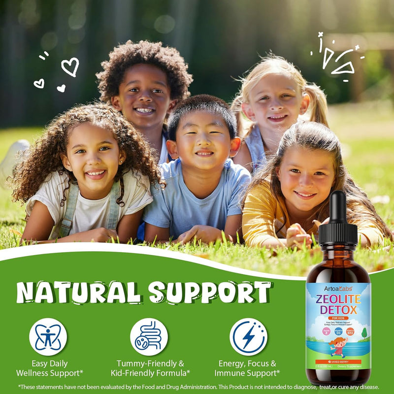 Zeolite Detox Drops for Kids - Orange Flavor, Vegan, Gluten-Free Gentle Micronized Clinoptilolite - Liquid Supplement with Vitamins B12, C & D to Clean Toxins for Children & Toddlers