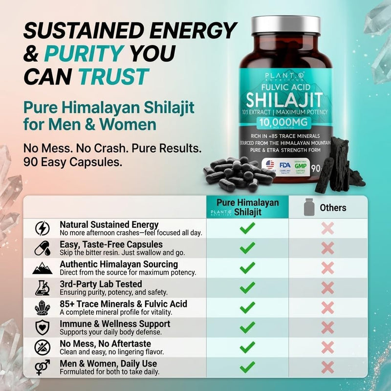 Thinbi Pure Himalayan Shilajit 10000mg Maximum Potency Organic Capsules 90 Count with Fulvic Acid & Trace Minerals for Enhanced Energy and Immune Support Men & Women Better Than Shilajit Resin - BeesActive Australia