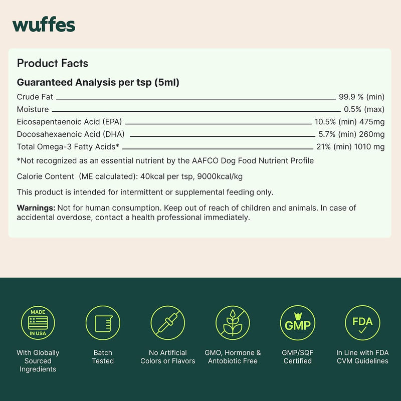 Wuffes Wild Alaskan Pollock Oil for Dogs - Natural EPA & DHA Fatty Acids, Omega 3 for Canines, Supports Healthy Skin and Coat, Joint Nutrition, and Immune System - 100% Pure Fish Oil for Pets - 8 Oz