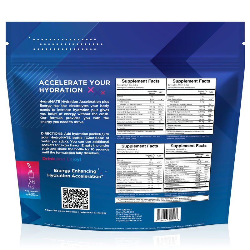 HydroMATE Electrolytes Powder Drink Mix Packets Hydration Accelerator Low Sugar Party Favors for Rapid Recovery Vitamin C Plus Caffeine Variety Pack 16 Sticks 16 Count (Pack of 1)