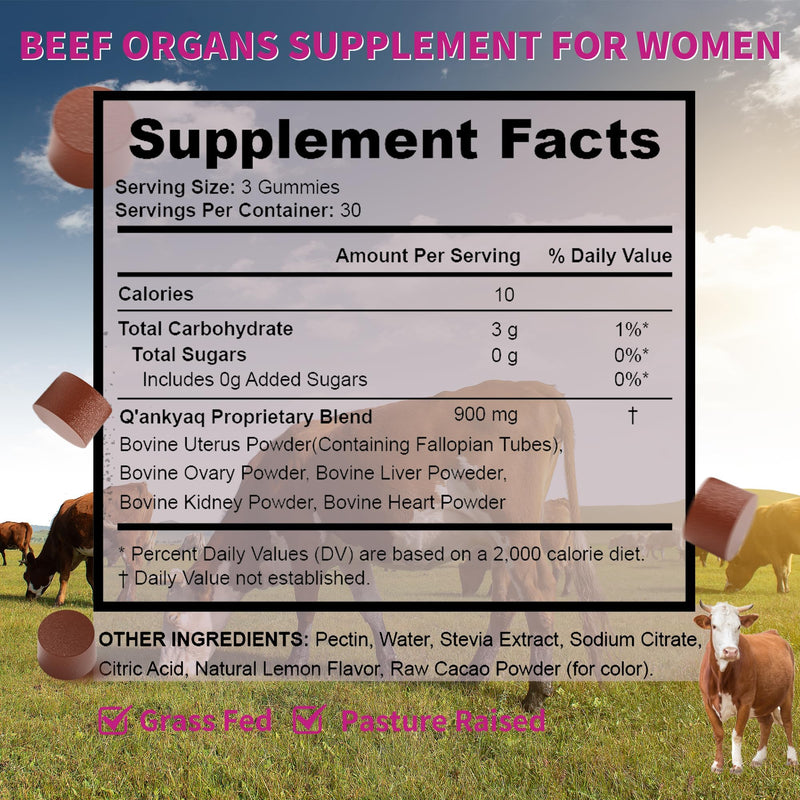 Beef Organ Supplement for Women, Gummies with Grassfed Beef Organ, 90 Cts | Grassfed Bovine Organ Gummies, Sugar-free & No Artificial Additives, Hormone Balance Support, Chewable, No Pills/ Powder