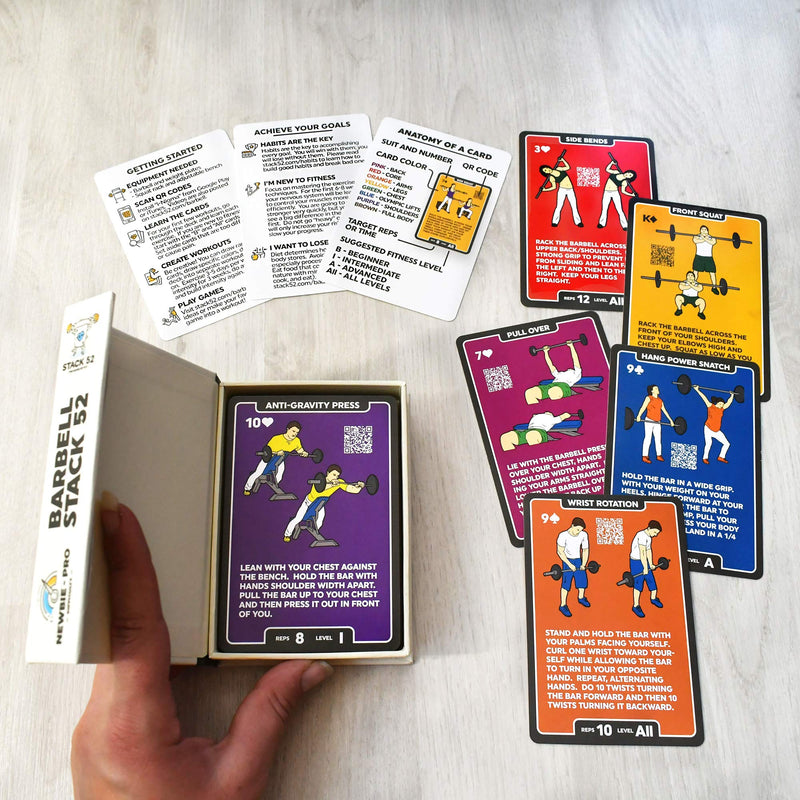 Stack 52 Barbell Exercise Cards. Weight Lifting Playing Card Game. Video Instructions Included. Bodybuilding, Strength Training, and Crossfit Workouts. Home Gym Fitness Program. (2019 Update) 2019 Update