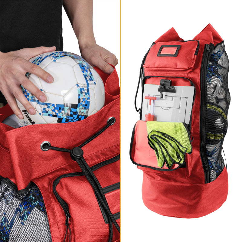 Fitdom Heavy Duty XL Soccer Mesh Equipment Ball Bag w/Adjustable Backpack Shoulder Strap Design for Coach. 2 Different Size Front Pockets for Sporting Accessories. Crimson Red - BeesActive Australia