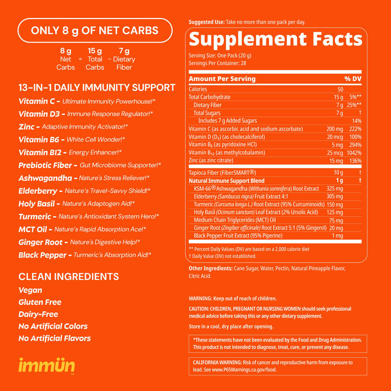 Grüns Immun Immunity Gummies with Vitamin C, Daily Immune Support, 28 ct | Ashwagandha, Prebiotic Fiber, Elderberry, Turmeric, Black Pepper, Vitamin D3 for Comprehensive Immunity Low Sugar 28 Count (Pack of 1)