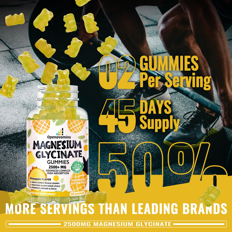 Magnesium Glycinate Gummies 2500mg - Sugar Free Magnesium Potassium Supplement with Vitamin D, B6, CoQ10 for Calm Mood & Sleep Support - 90 Pineapple Gummies 90 Count (Pack of 1)