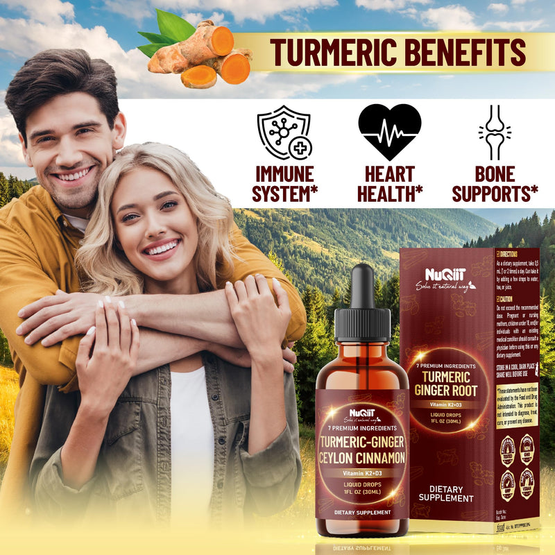 7in1 Liquid Turmeric Curcumin with Vitamin D3, Vitamin K2, Ginger, Ceylon Cinnamon, Garlic, Black Pepper - Drops Extract - 2 Month Supply
