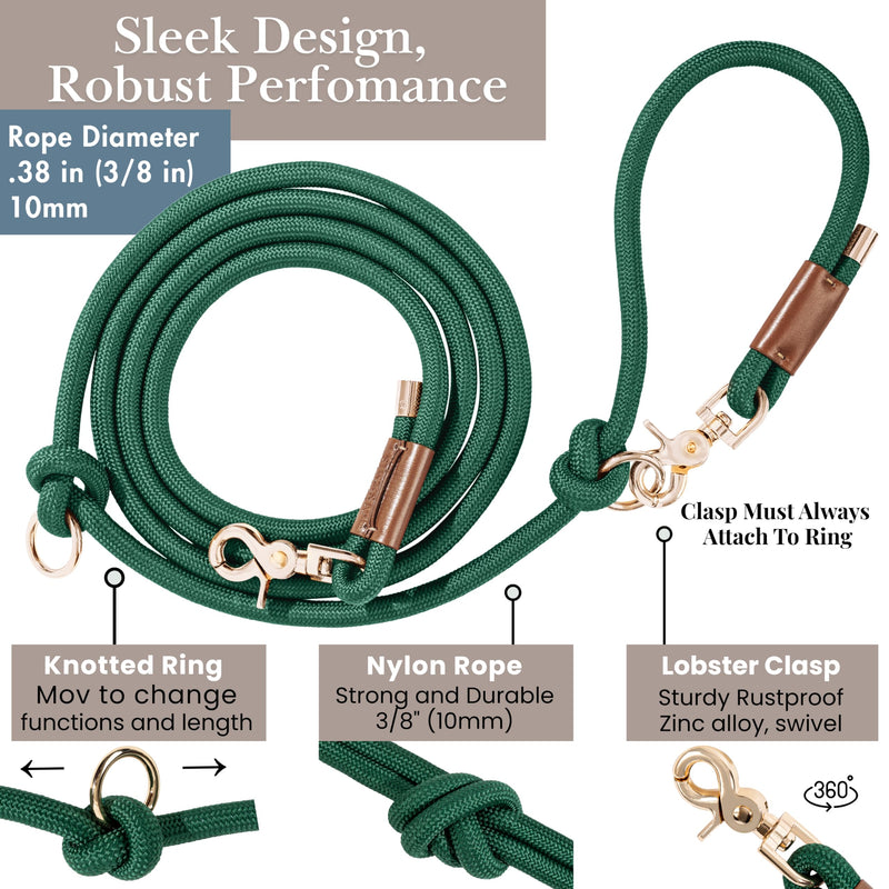 Hands Free Dog Leash, Waist Leash for Dog Walking, Running, Crossbody, Multifunctional, 2 Dogs, Dual Handle, Traditional Lead, Adjustable Lead 4.3ft - 7.5ft, 3/8" (10mm) Diameter. 8.2 FT (from Clasp to Clasp) x 3/8 inch (10mm) Hunter Green