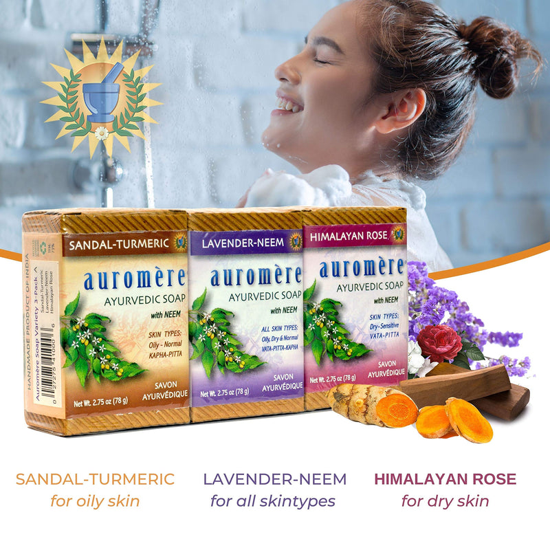 Auromere Ayurvedic Soap Variety Pack - 3 x 2.75oz Natural Soap Bars - Handmade Vegan Soap with Ayurvedic Herbs & Organic Neem - BeesActive Australia