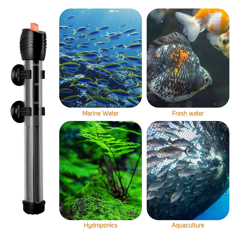 Orlushy Submersible Aquarium Heater,300W Adjustable Fish Tahk Heater with 2 Suction Cups Free Thermometer Suitable for Marine Saltwater and Freshwater 300W