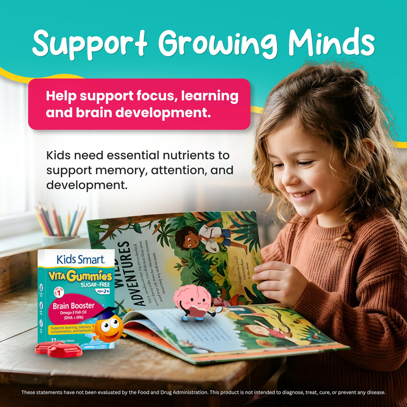 KIDS SMART Brain Booster Omega-3 DHA EPA Gummies, Focus & Memory, Kids 2+ | Omega-3 DHA + EPA Fish Oil Gummies, 27 Count, Sugar-Free, Gluten-Free, Non-GMO, Supports Focus, Memory, Learning & Behavior