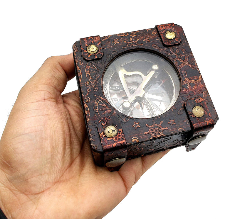 5MoonSun5's Antique Brass Sundial Compass Marine Boat Gift Pocket Sun Dial in Leather Display Box Nautical Marine Gift Sun Clock Pirate Ship Replica Watch Steampunk Accessory - BeesActive Australia