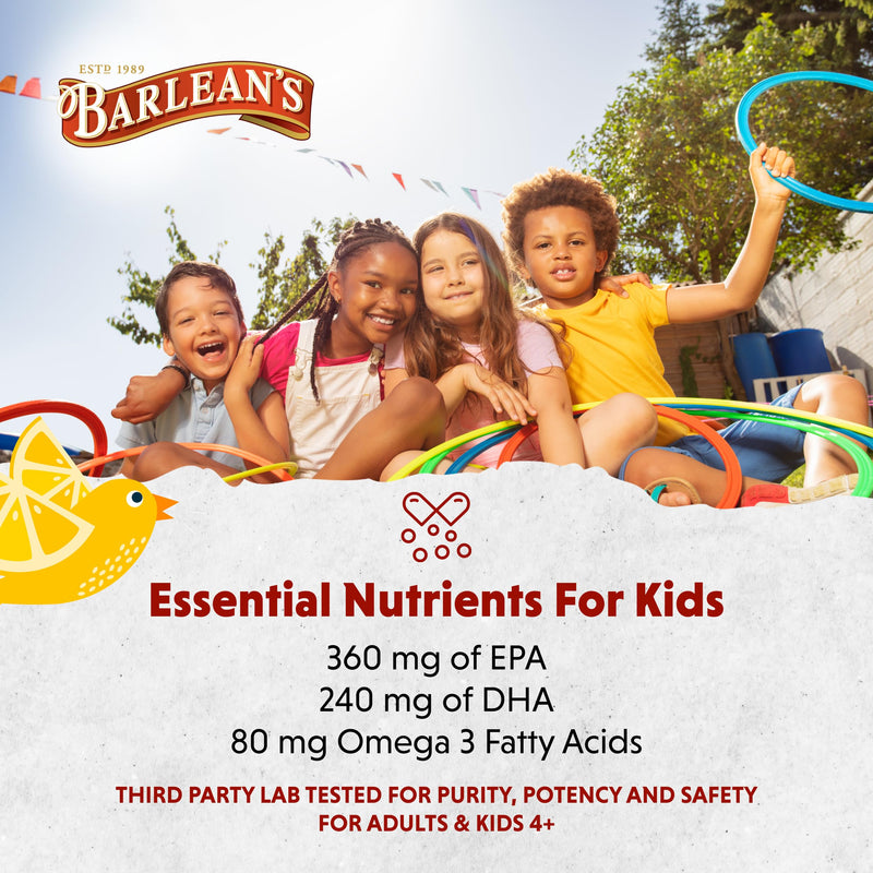 Barlean's Lemonade Omega Pals Kids Omega-3 Fish Oil, 540mg EPA & DHA, 8oz | Wild-caught kids fish oil, 540mg EPA DHA omega-3, Kid-friendly flavor, Non-GMO, Gluten-free, Liquid, Brain & eye Chirpin' Slurpin' Lemonade 8 Fl Oz (Pack of 1)