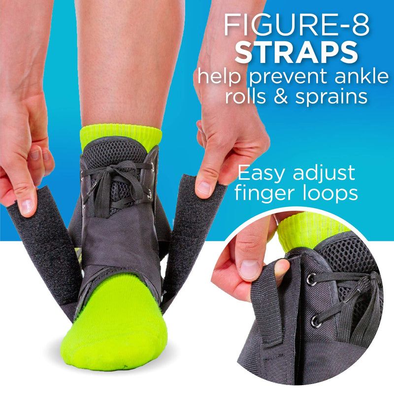 BraceAbility Sports Ankle Brace - Best Lace Up Figure 8 Sprained, Rolled or Twisted Treatment Active Support Wrap Stabilizer Splint for Basketball, Volleyball, Soccer, Working Out, Running Pain (M) Medium