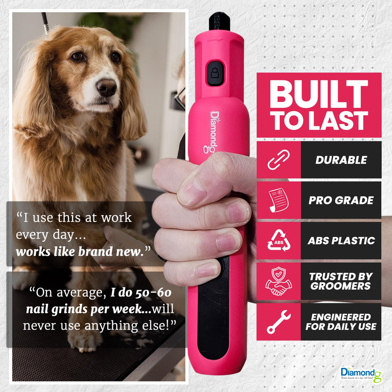 Diamondg Cordless Micro Dog Nail Grinder with Quiet Sound & LED Tip for Large & Small Dogs, 4hrs. Runtime - Electric Dog Nail Trimmer, Heavy Duty Rotary Tool Alternative to Toenail Clippers & Filers Micro - Pink