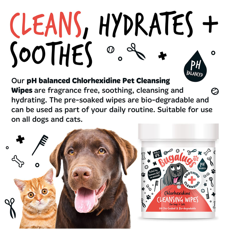 BUGALUGS Dog Wipes for pawly skin - 100 Biodegradable dog grooming pet wipes. Use as Dog ear wipes, dog eye wipes, dog face wipes, Paw & Bum wipes for puppy, dogs & cat grooming