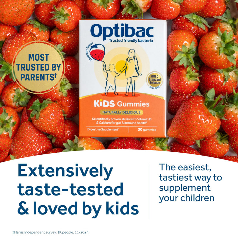 Optibac Kids Probiotics Gummies | 30 Strawberry-Flavored Probiotic Gummies for Kids with Vitamin D & Calcium | 2 Billion Live Cultures | Vegan Children’s Supplement for Digestive & Immune Health