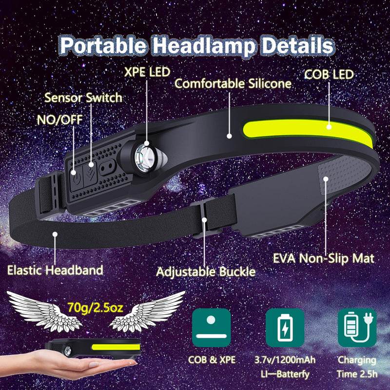 Headlamp Rechargeable 2PCS, Waterproof Head Light Flashlight, 2 XPE LED and COB LED Head Lamp, 260° Wide Beam Head Lamp, 6Mode Headlamps for Adults, Camping essentials, Fishing, Repairing, Running Black