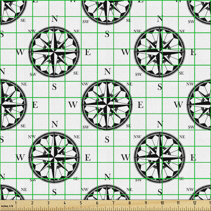 Lunarable Compass Fabric by The Yard, Ornate Compass Directions Pattern in Retro Monochrome Style Art Print, Decorative Fabric for Upholstery and Home Accents, 2 Yards, Ecru Black Upholstery Fabric 2 yards - BeesActive Australia