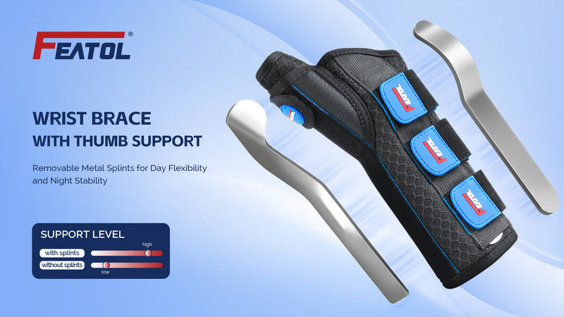 FEATOL Carpal Tunnel Wrist Brace Night Support, Thumb Spica Splint Left Hand for De Quervains Tenosynovitis, Tendonitis, Thumb Brace for Women Men, Black Blue, Small/Medium Small/Medium(Pack of 1) Left Hand-Black Blue