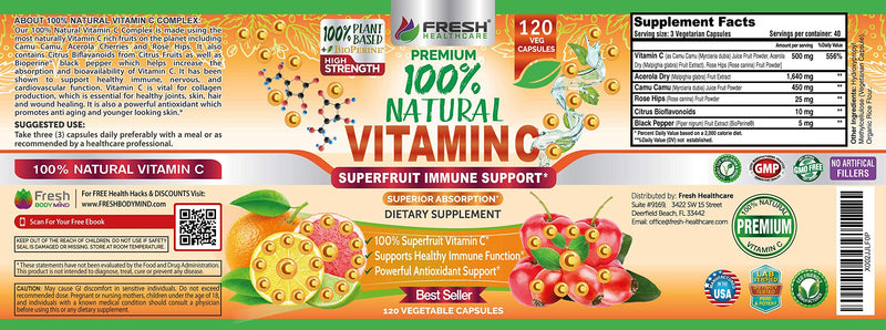Fresh Healthcare Vitamin C 500mg Capsules, Whole Food Natural Supplement from Rose Hips, Acerola Cherry and Camu Camu with Citrus Bioflavonoids and BioPerine for Immune Support, 120 Vegan Pills