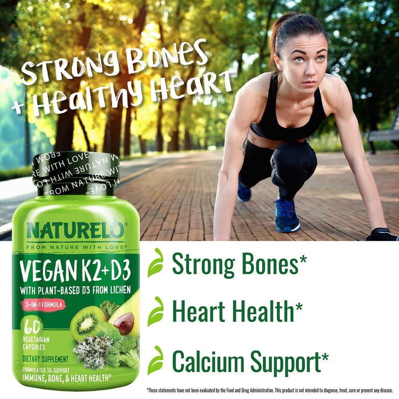 NATURELO Vitamin D3 K2, Vegan K2+D3 Supplement, 60 Capsules | Vitamin D with K, plant based D3 from lichen, whole food, non-GMO, gluten free, Vitamin D Plus K Supplement, K2 D2 Unflavored 60 Count (Pack of 1)